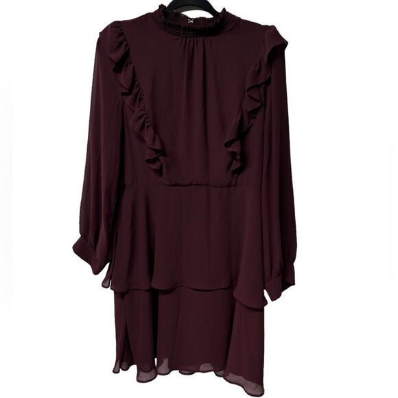Express Martin Burgundy Smocked Long Sleeve Peasant Dress Fall Winter Ruffle - Picture 1 of 6